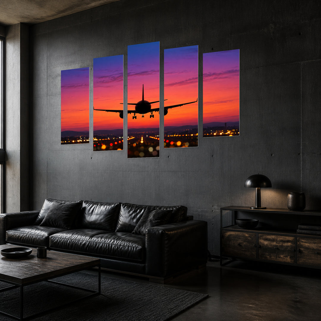 Takeoff in Vivid Color — five-panel wall art in perspective interior | 5wallart 57704 M2