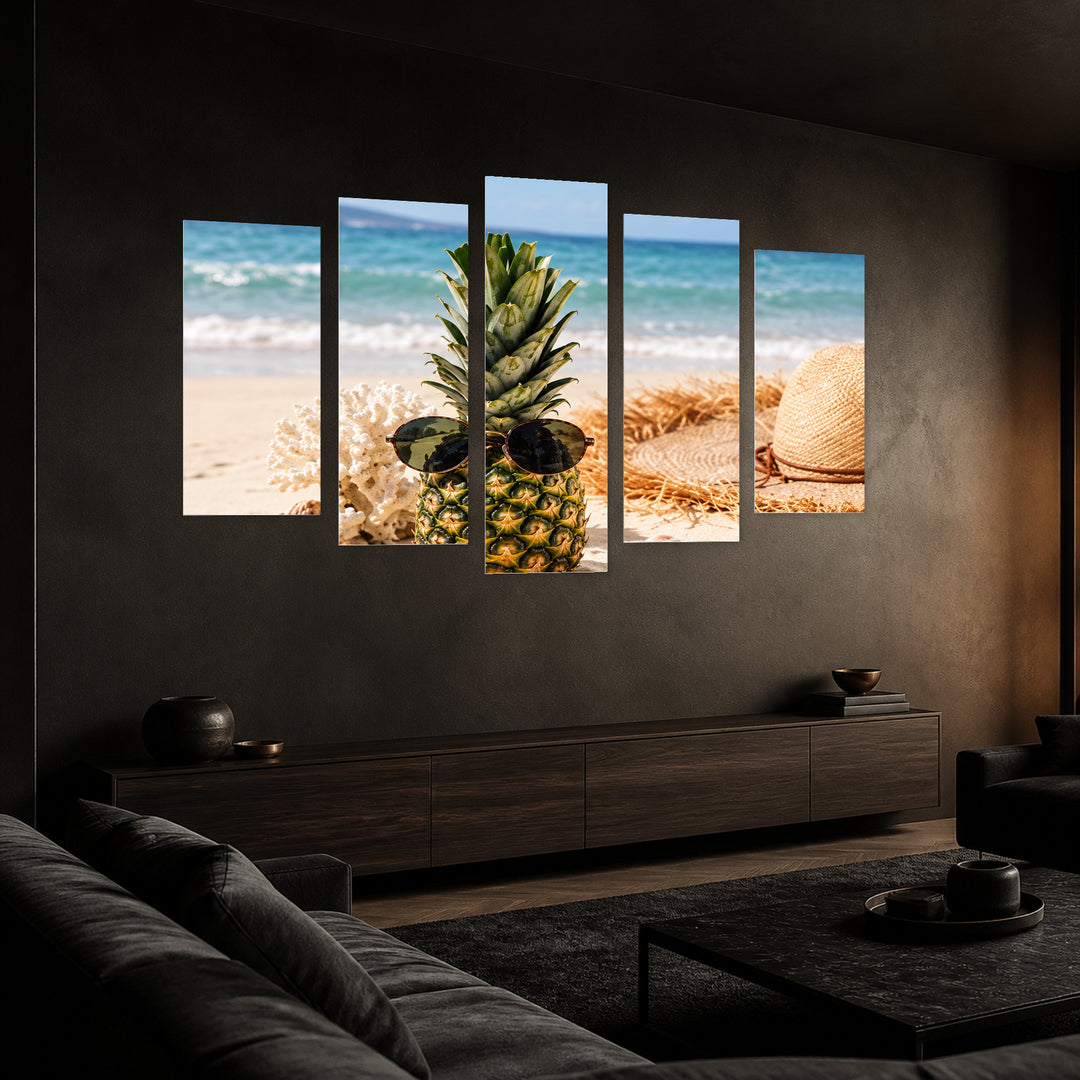 Pineapple on Vacation Landscape Study — five-panel wall art in perspective interior | 5wallart 57705 M2
