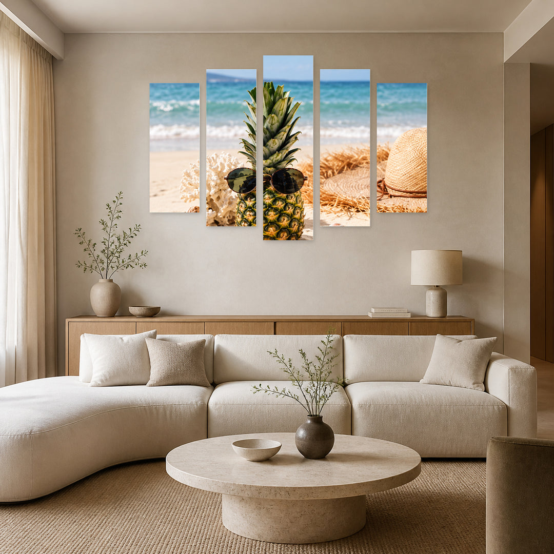 Pineapple on Vacation Landscape Study — five-panel wall art in frontal interior | 5wallart 57705 M3