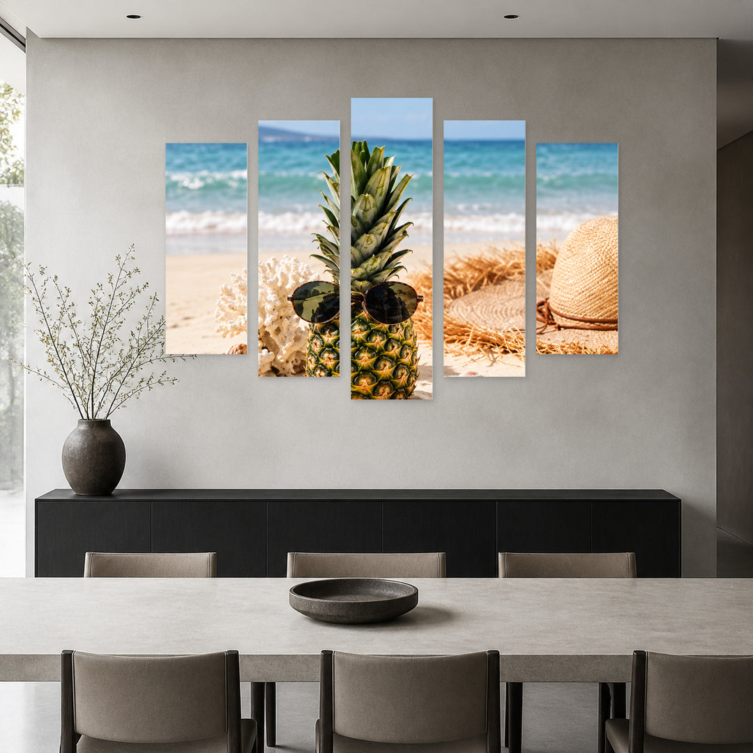 Pineapple on Vacation Landscape Study — five-panel wall art in alternate frontal interior | 5wallart 57705 M4
