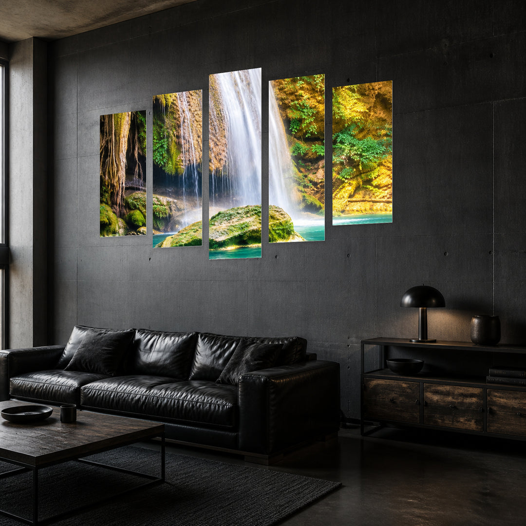 Turquoise Waters in Serene Light — five-panel wall art in perspective interior | 5wallart 57706 M2