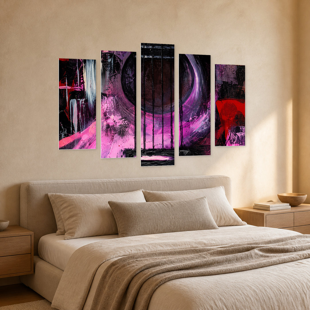 Purple Guitar in Serene Light — five-panel wall art in perspective interior | 5wallart 57707 M2