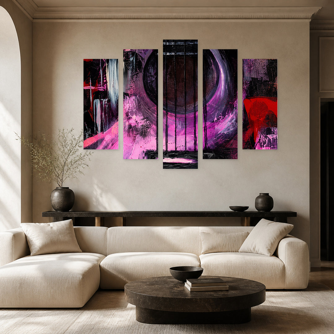 Purple Guitar in Serene Light — five-panel wall art in frontal interior | 5wallart 57707 M3