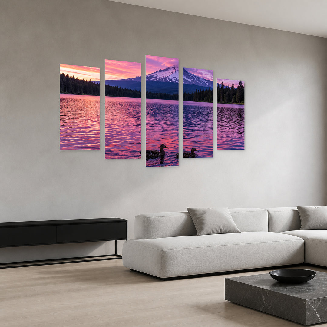Landscape in Purple Tones with Dreamlike Atmosphere — five-panel wall art in perspective interior | 5wallart 57708 M2