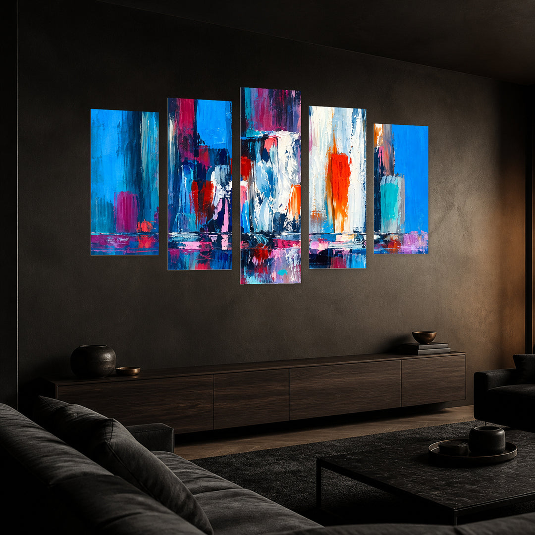 Brush Strokes in Vivid Color — five-panel wall art in perspective interior | 5wallart 57709 M2