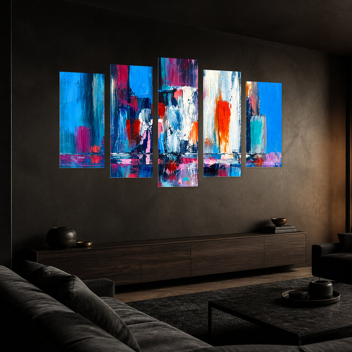 Brush Strokes in Vivid Color — five-panel wall art in perspective interior | 5wallart 57709 M2