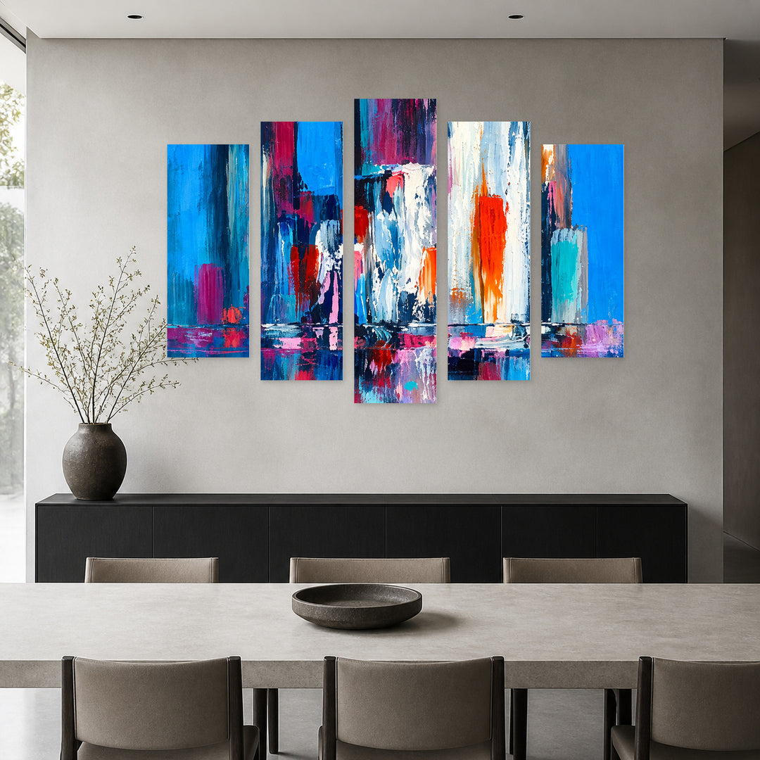 Brush Strokes in Vivid Color — five-panel wall art in alternate frontal interior | 5wallart 57709 M4