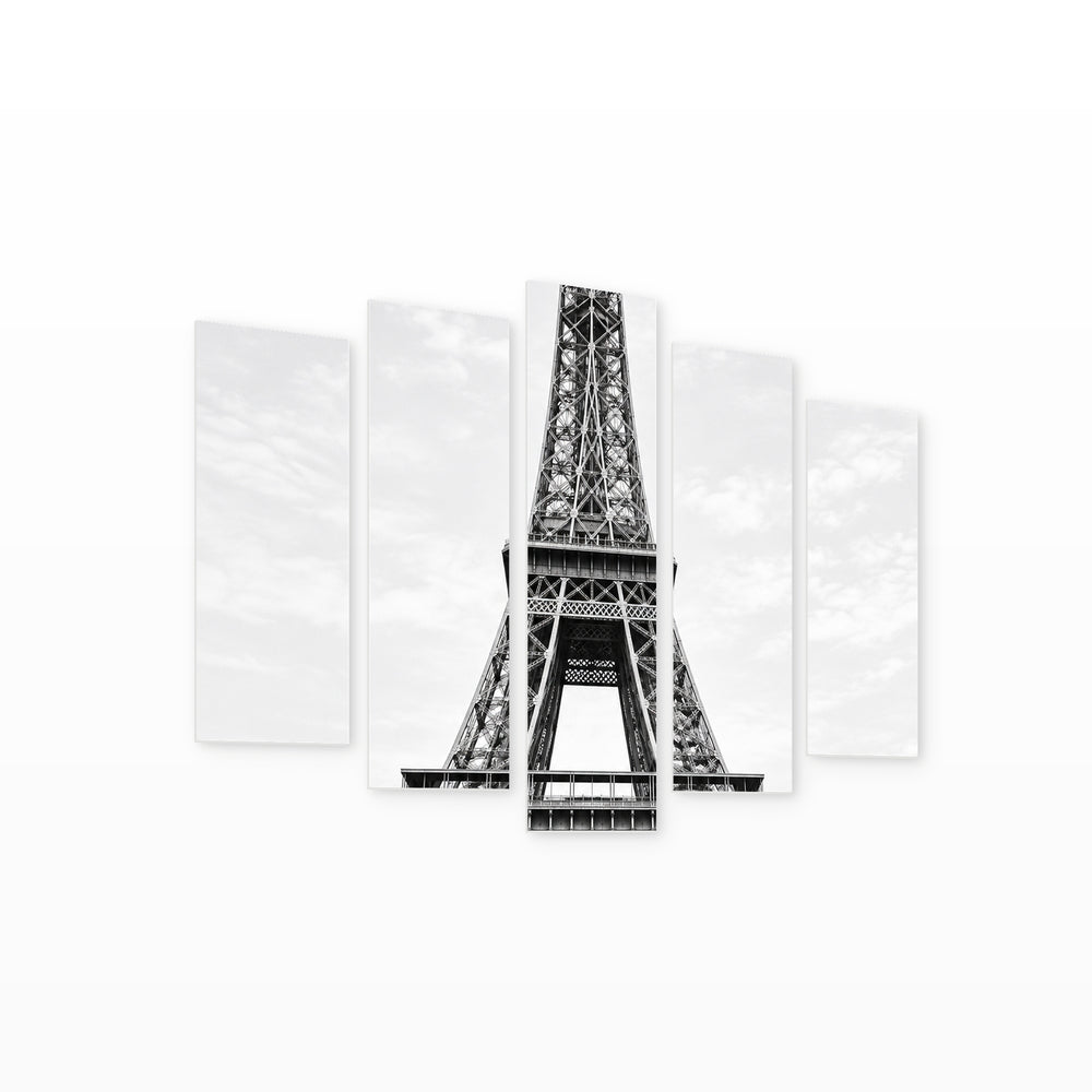 Black and White Photo, Eiffel Tower Urban Panorama — five-panel wall art on white background in perspective | 5wallart 57711 M1