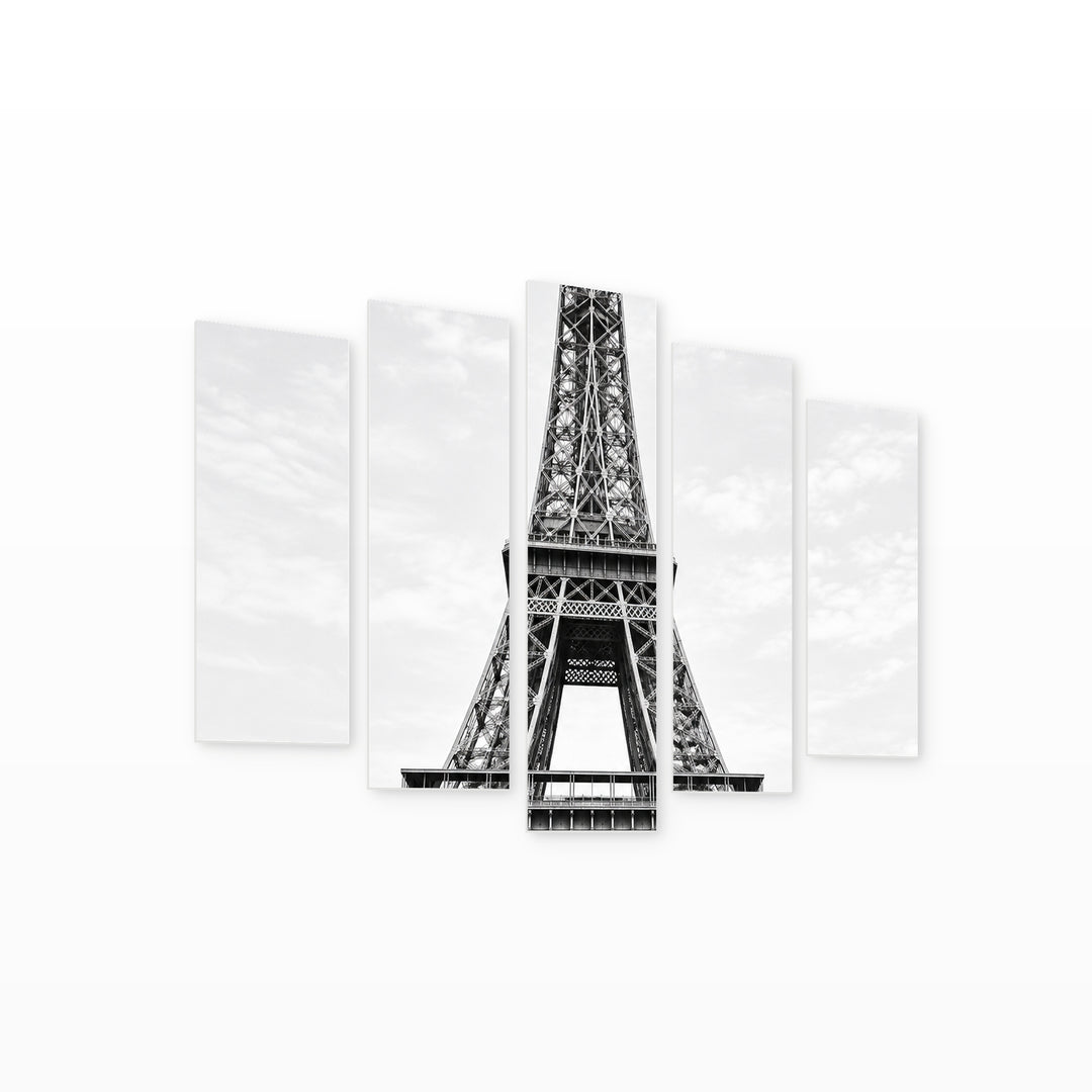 Black and White Photo, Eiffel Tower Urban Panorama — five-panel wall art on white background in perspective | 5wallart 57711 M1