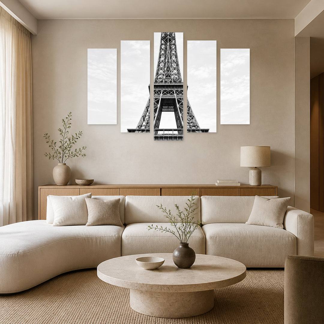 Black and White Photo, Eiffel Tower Urban Panorama — five-panel wall art in frontal interior | 5wallart 57711 M3