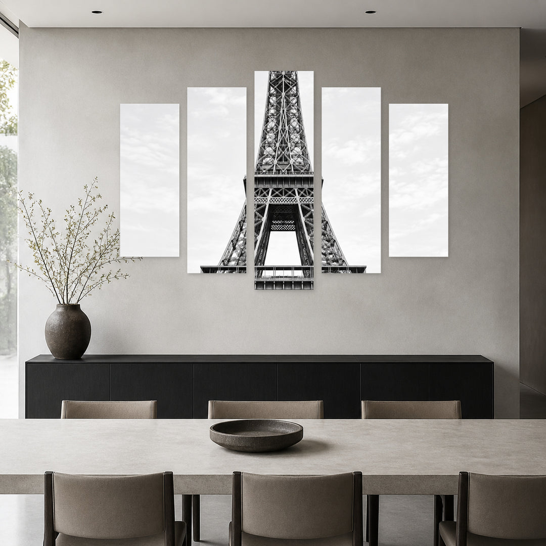 Black and White Photo, Eiffel Tower Urban Panorama — five-panel wall art in alternate frontal interior | 5wallart 57711 M4