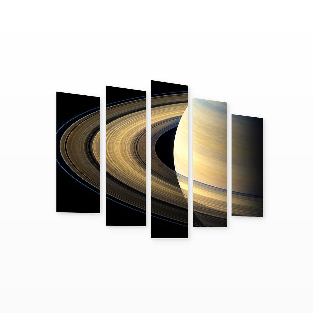 Saturn in Blue and Gold — five-panel wall art on white background in perspective | 5wallart 57712 M1