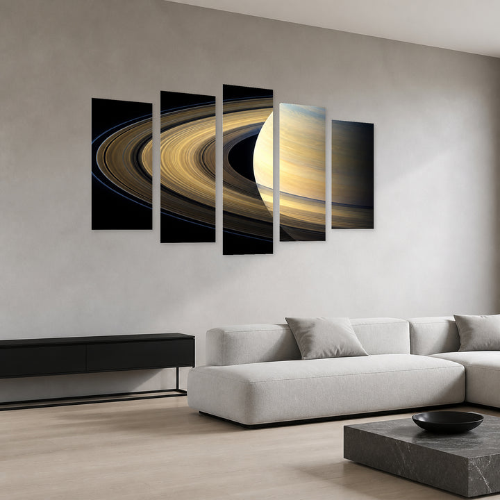 Saturn in Blue and Gold — five-panel wall art in perspective interior | 5wallart 57712 M2