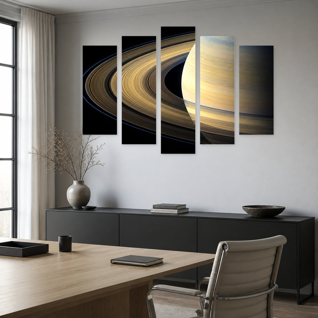 Saturn in Blue and Gold — five-panel wall art in frontal interior | 5wallart 57712 M3