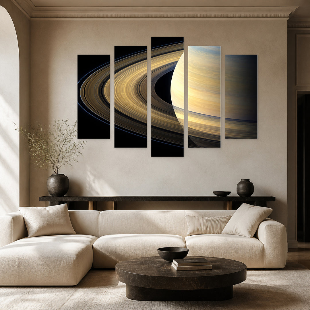Saturn in Blue and Gold — five-panel wall art in alternate frontal interior | 5wallart 57712 M4