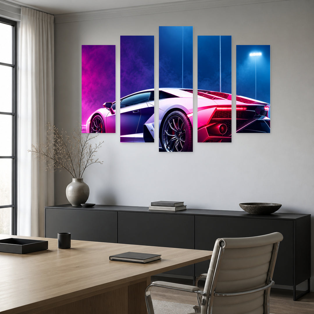 Supercar with Geometric Rhythm — five-panel wall art in frontal interior | 5wallart 57714 M3