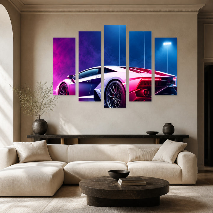 Supercar with Geometric Rhythm — five-panel wall art in alternate frontal interior | 5wallart 57714 M4