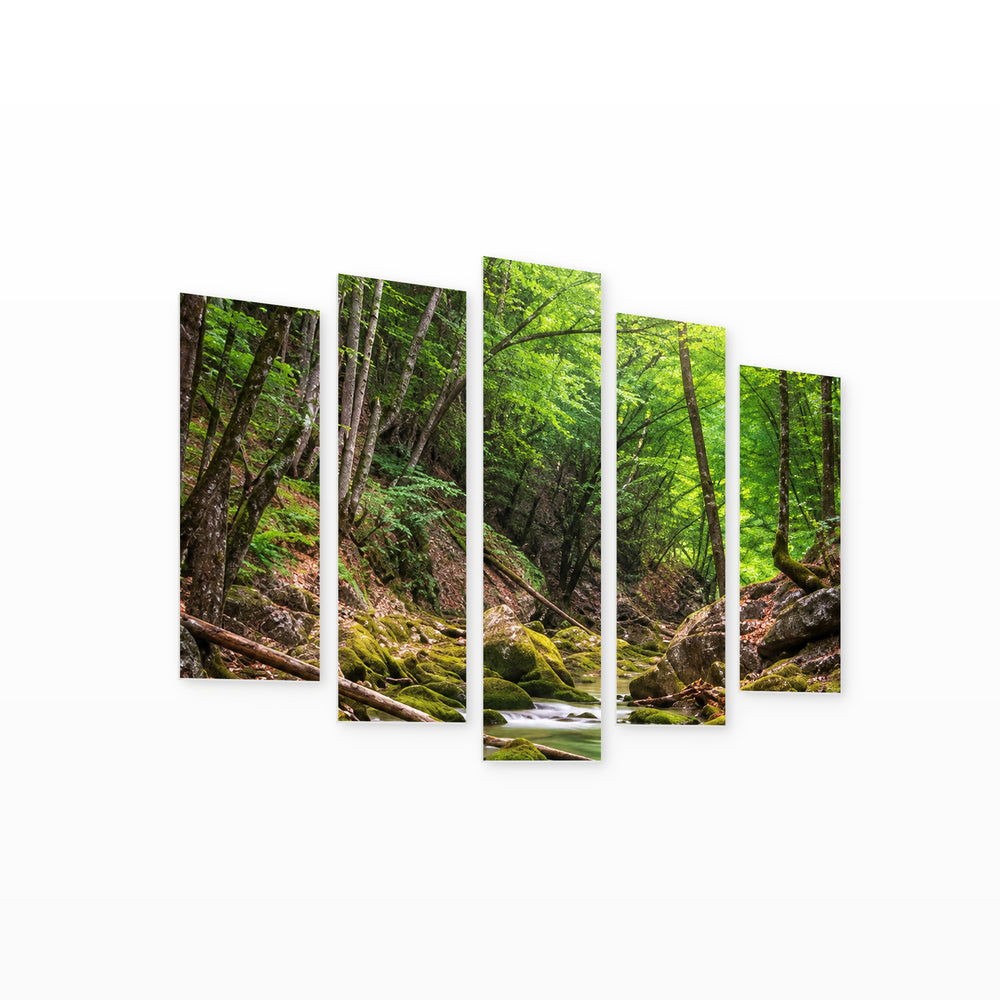 Shades of Green with Geometric Rhythm — five-panel wall art on white background in perspective | 5wallart 57717 M1