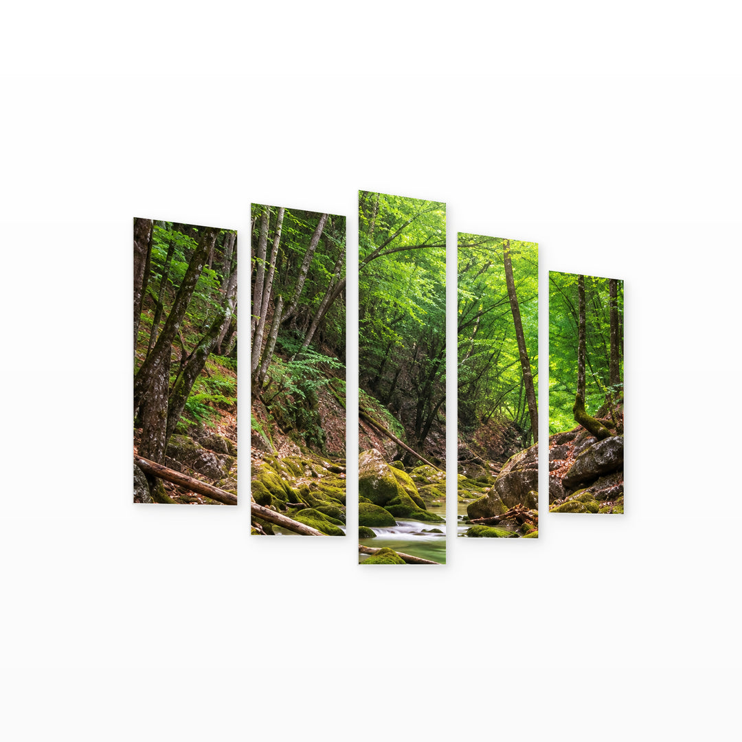 Shades of Green with Geometric Rhythm — five-panel wall art on white background in perspective | 5wallart 57717 M1