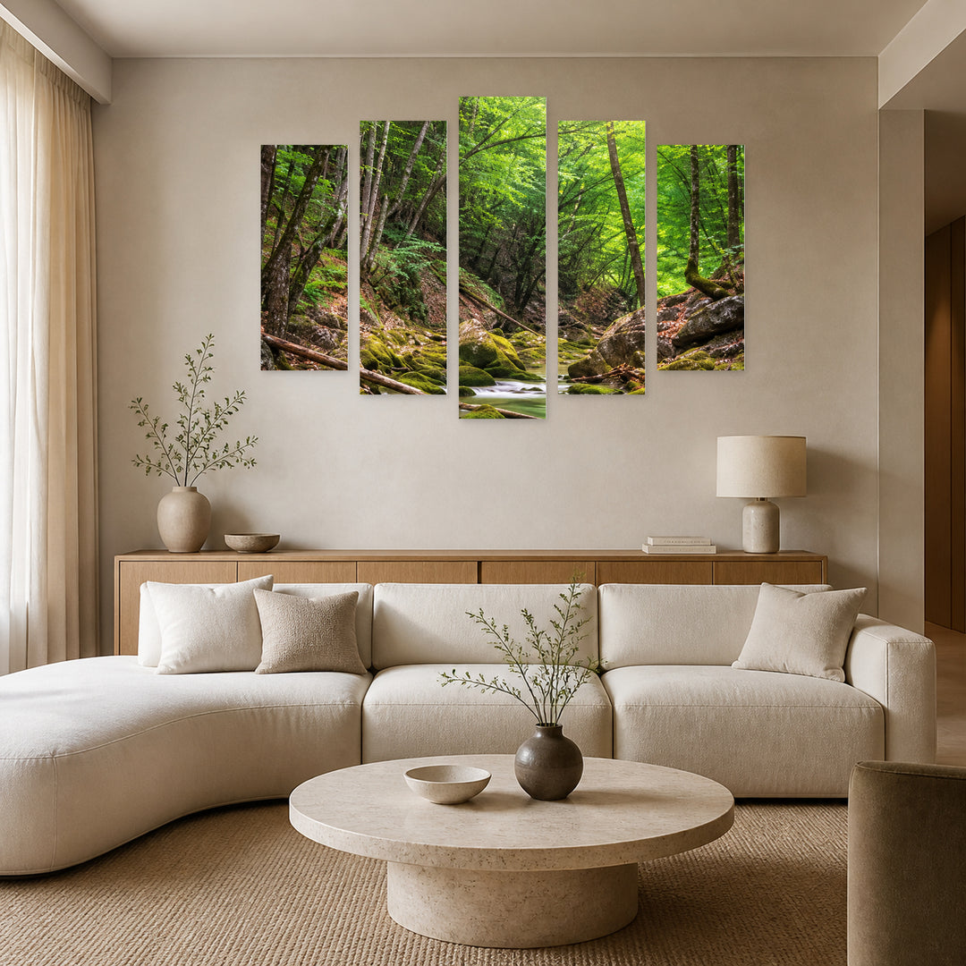Shades of Green with Geometric Rhythm — five-panel wall art in frontal interior | 5wallart 57717 M3