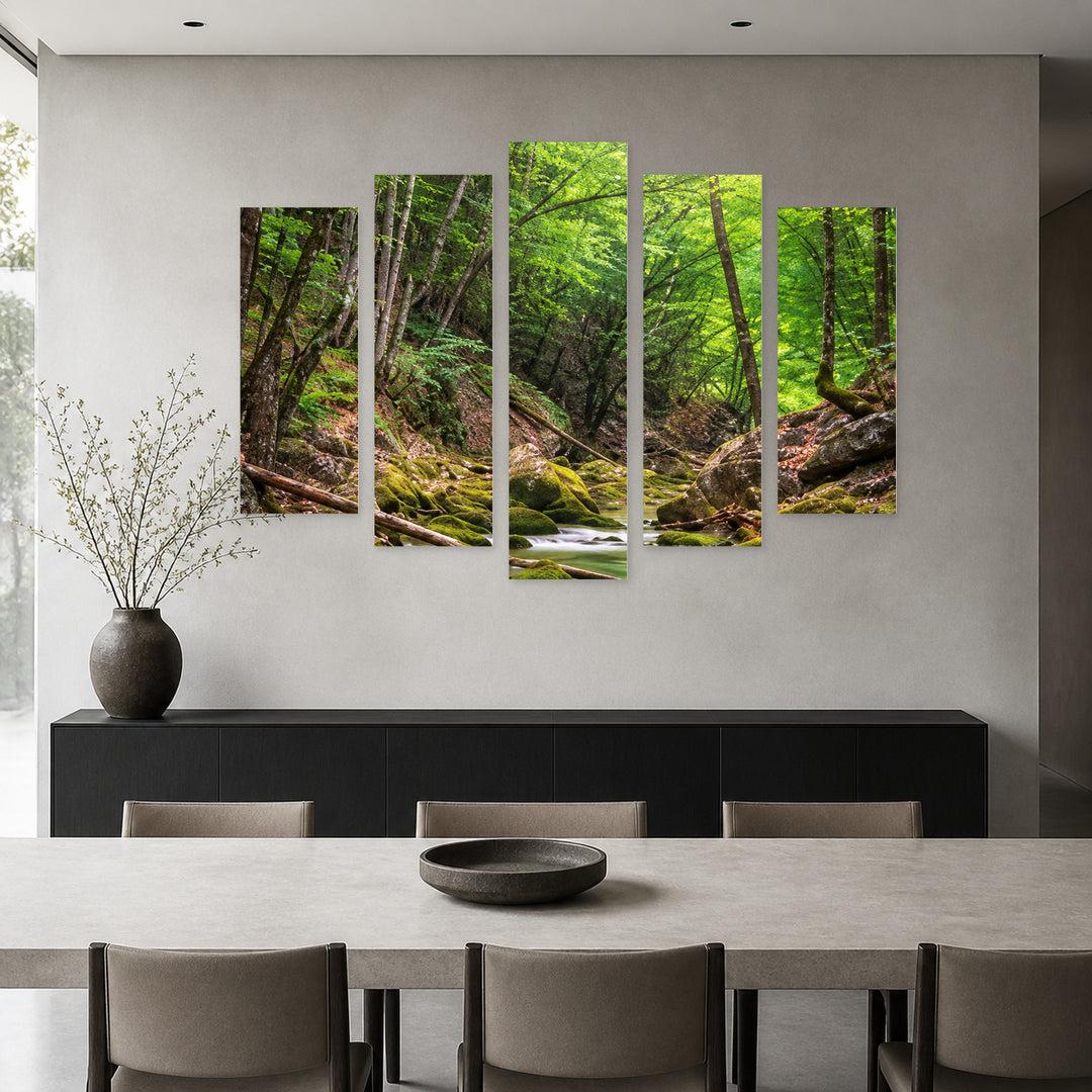 Shades of Green with Geometric Rhythm — five-panel wall art in alternate frontal interior | 5wallart 57717 M4