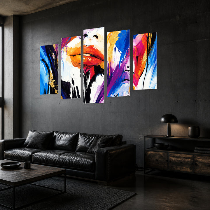 I Dreamed of You in Blue and Gold — five-panel wall art in perspective interior | 5wallart 57718 M2