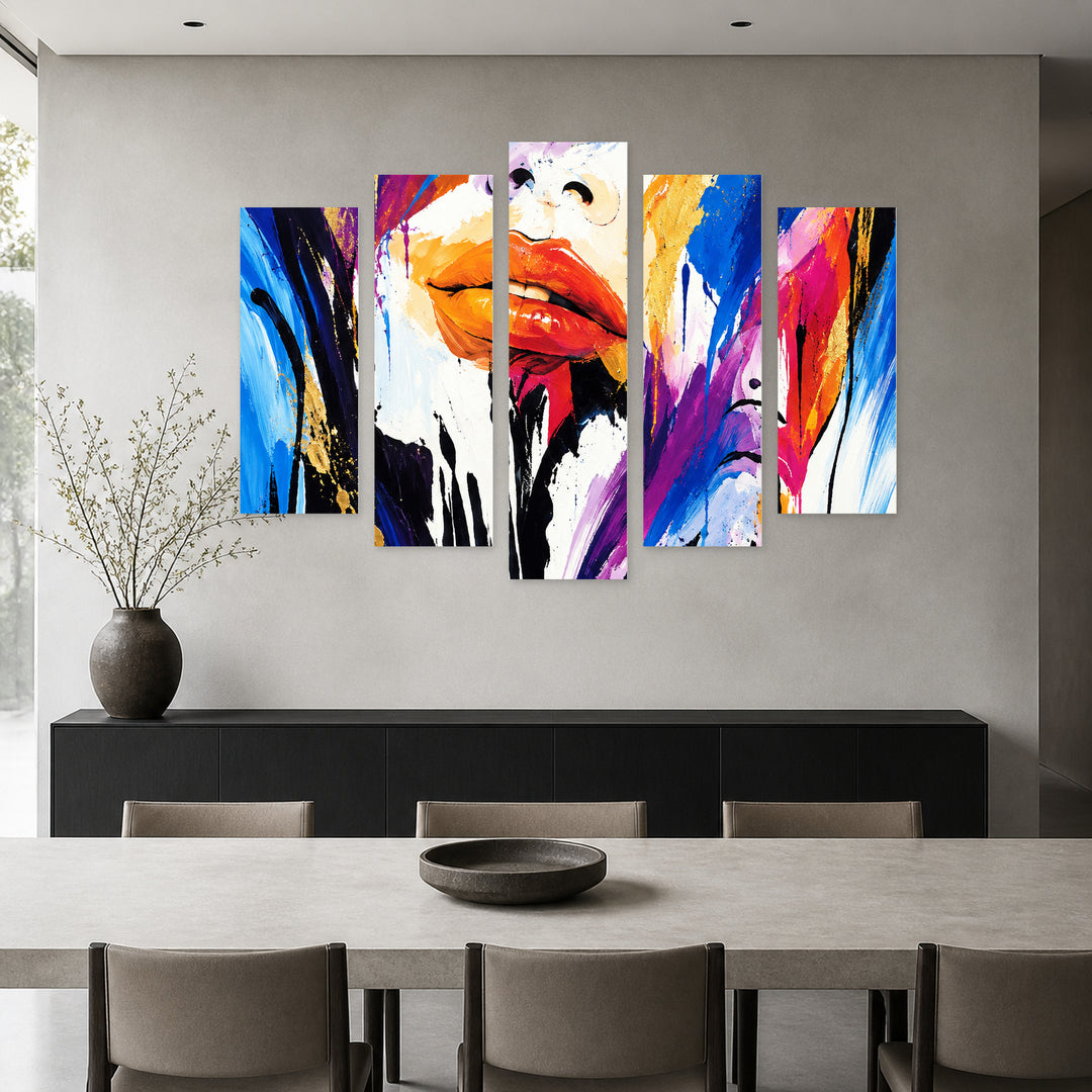 I Dreamed of You in Blue and Gold — five-panel wall art in frontal interior | 5wallart 57718 M3