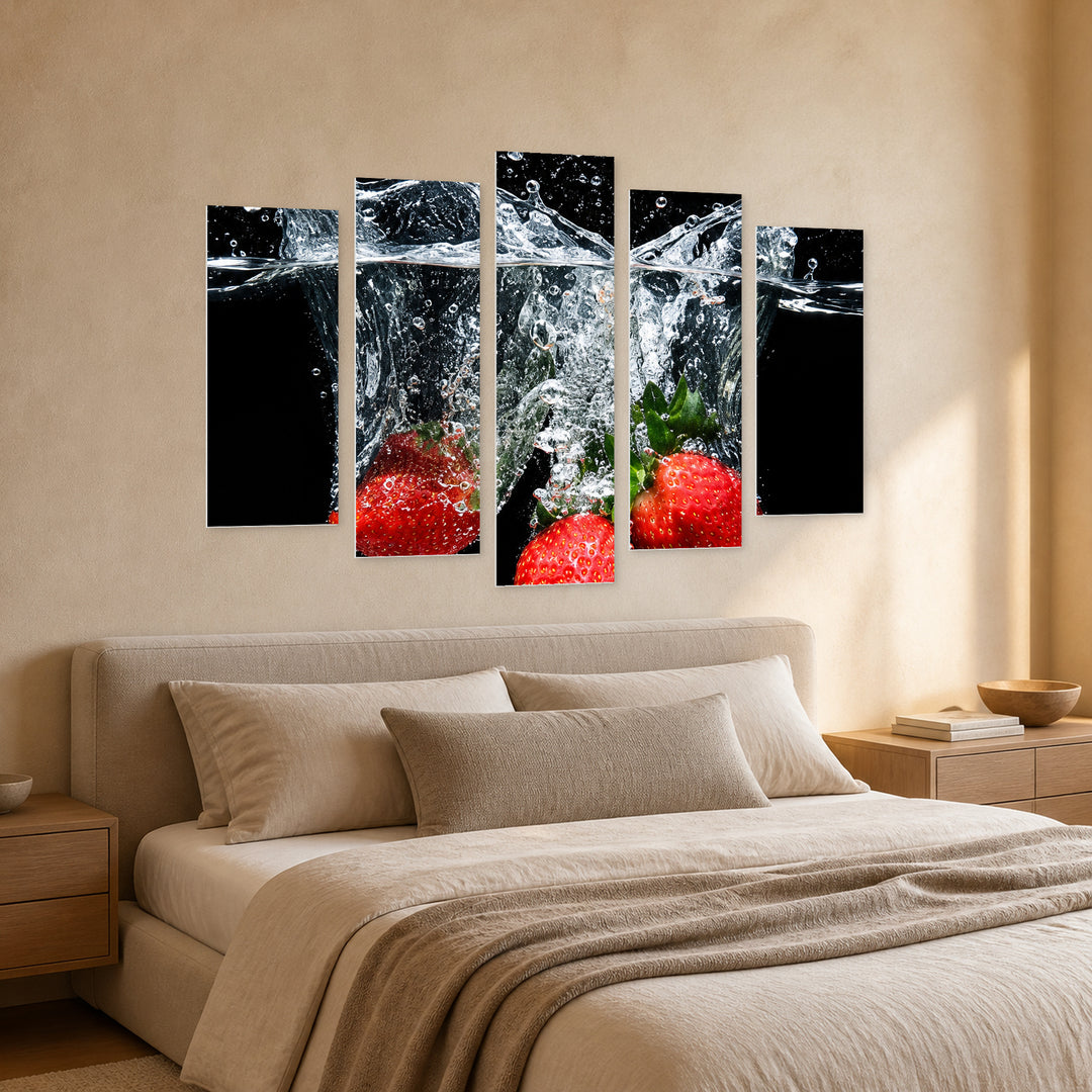 Strawberries with Dramatic Contrast — five-panel wall art in perspective interior | 5wallart 57721 M2