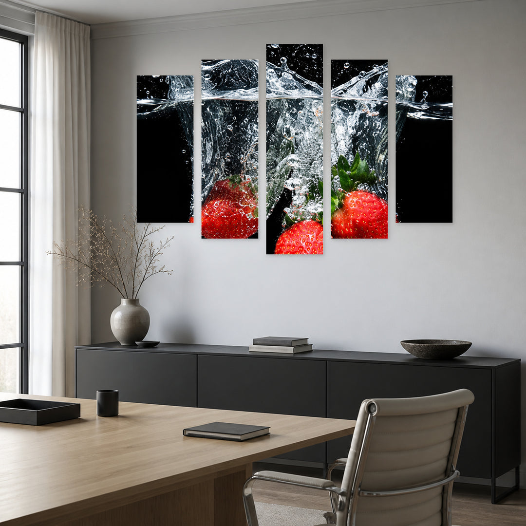 Strawberries with Dramatic Contrast — five-panel wall art in alternate frontal interior | 5wallart 57721 M4