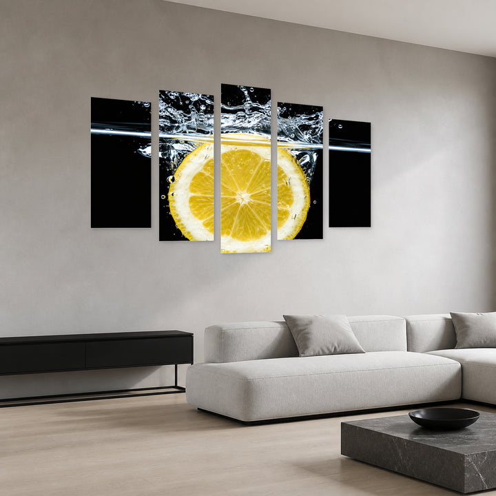 With a Little Lemon with Dramatic Contrast — five-panel wall art in perspective interior | 5wallart 57722 M2