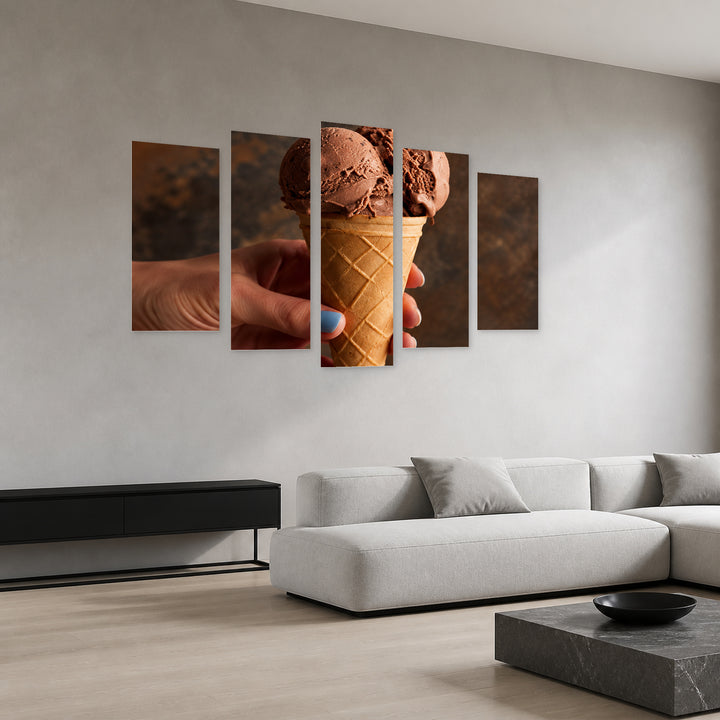 Chocolate Ice Cream with Geometric Rhythm — five-panel wall art in perspective interior | 5wallart 57724 M2