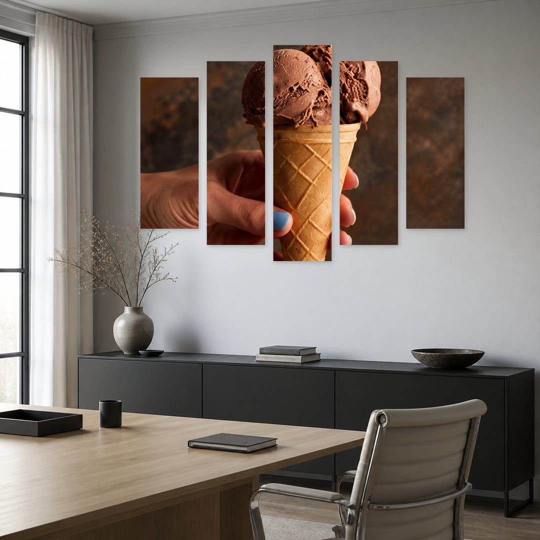 Chocolate Ice Cream with Geometric Rhythm — five-panel wall art in frontal interior | 5wallart 57724 M3