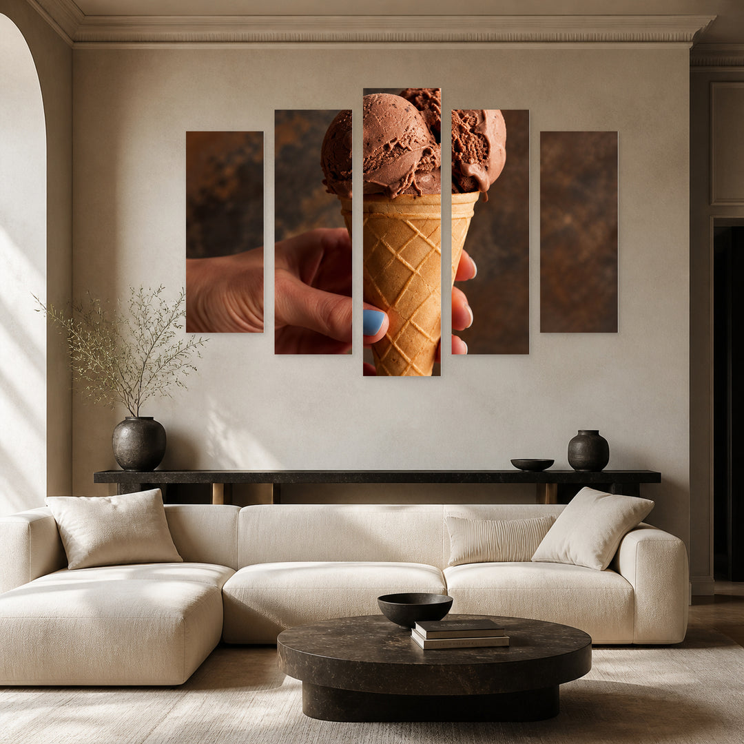 Chocolate Ice Cream with Geometric Rhythm — five-panel wall art in alternate frontal interior | 5wallart 57724 M4