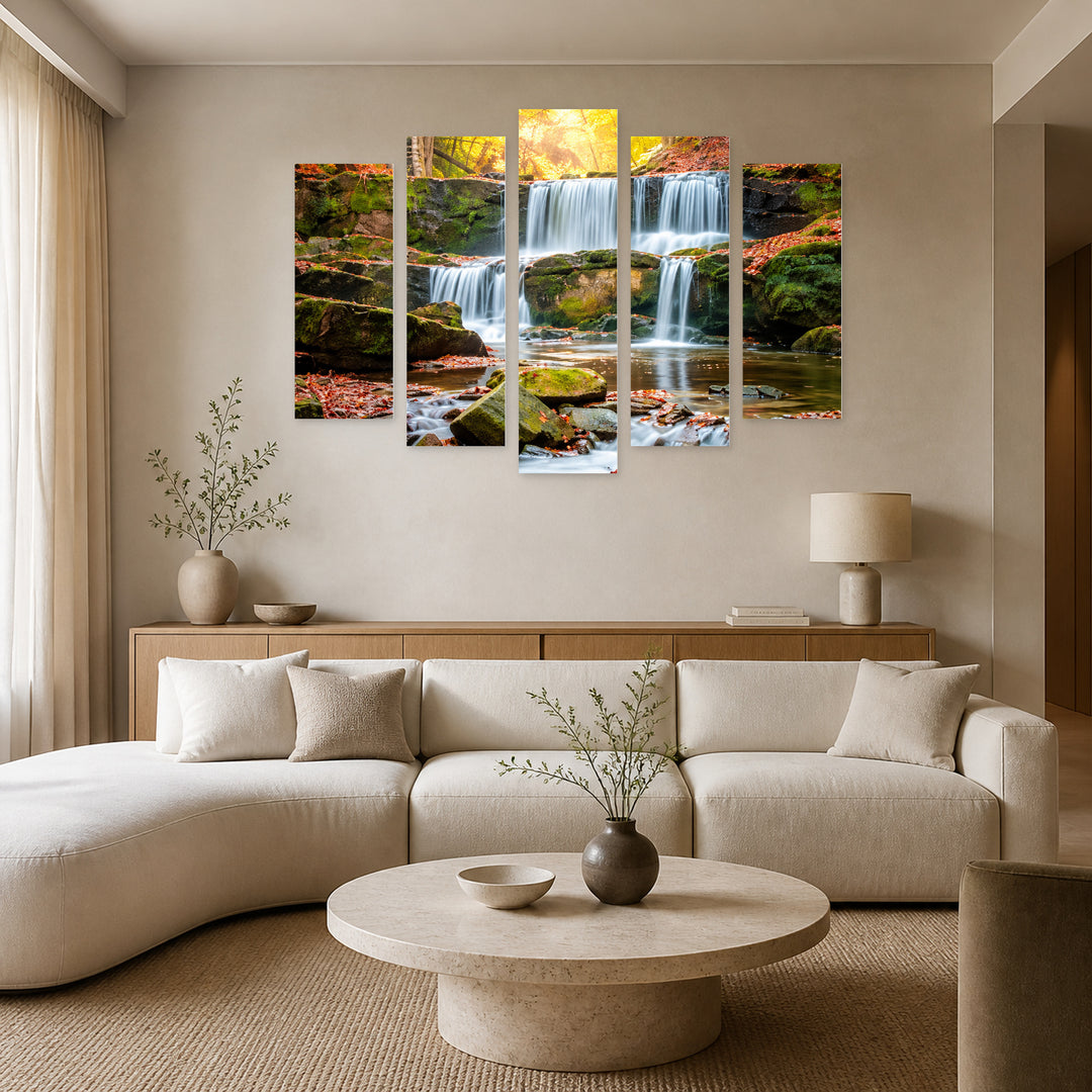 Stream in Serene Light II — five-panel wall art in alternate frontal interior | 5wallart 57728 M4