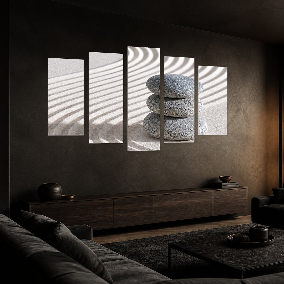 Spa Therapy with Geometric Rhythm — five-panel wall art in perspective interior | 5wallart 57729 M2