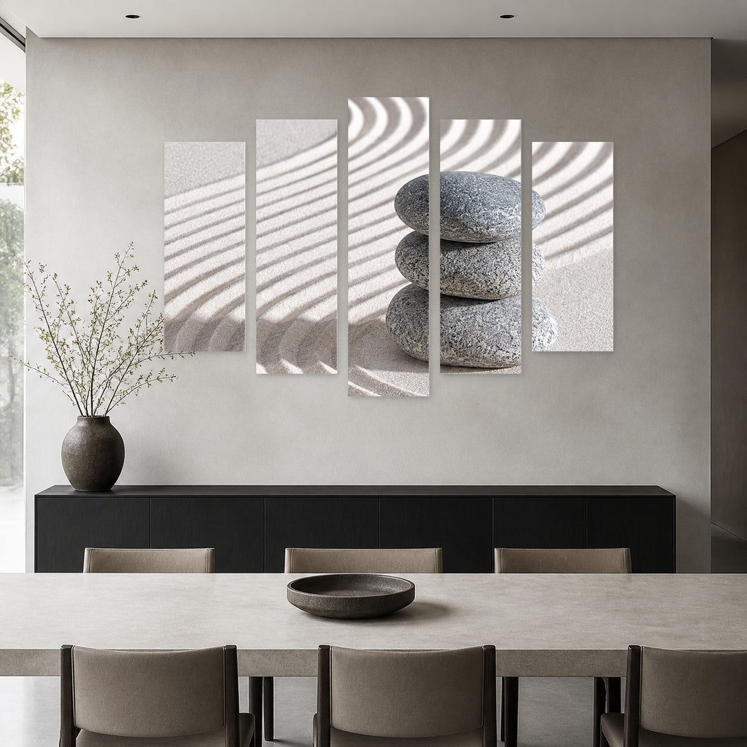 Spa Therapy with Geometric Rhythm — five-panel wall art in alternate frontal interior | 5wallart 57729 M4