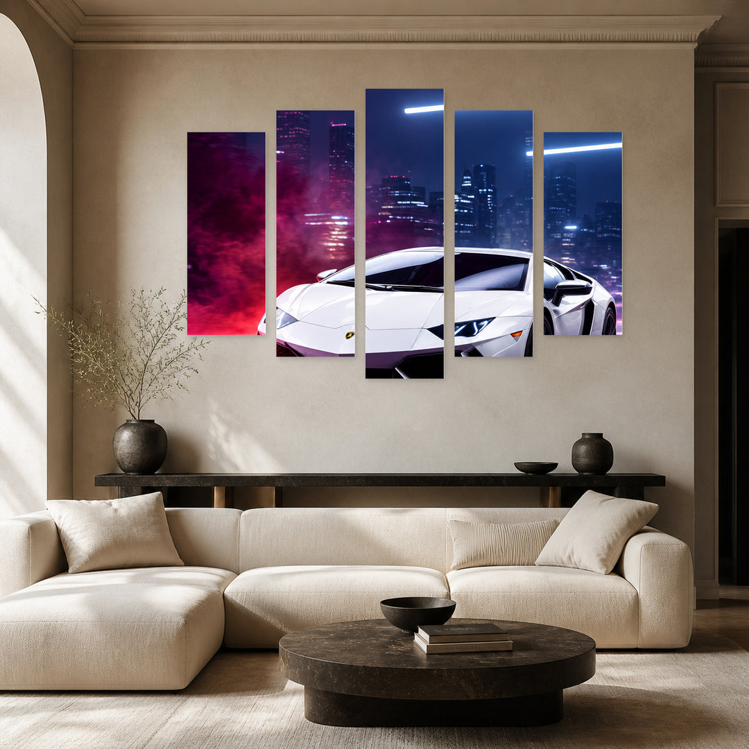 Adrenaline with Dramatic Contrast — five-panel wall art in frontal interior | 5wallart 57731 M3