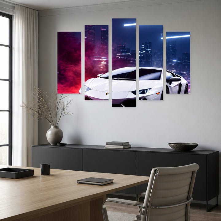 Adrenaline with Dramatic Contrast — five-panel wall art in alternate frontal interior | 5wallart 57731 M4