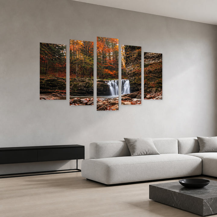 Autumn Song with Geometric Rhythm — five-panel wall art in perspective interior | 5wallart 57732 M2