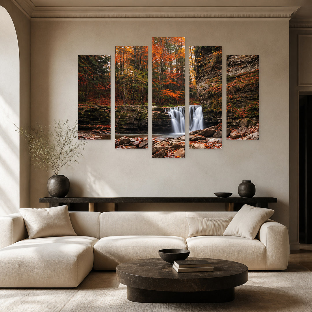 Autumn Song with Geometric Rhythm — five-panel wall art in alternate frontal interior | 5wallart 57732 M4