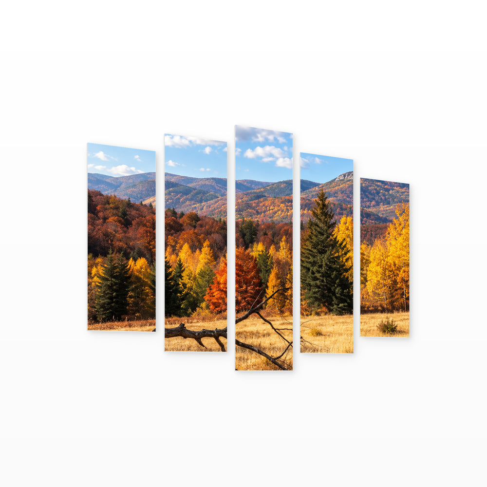 Autumn in the Mountains in Serene Light II — five-panel wall art on white background in perspective | 5wallart 57733 M1