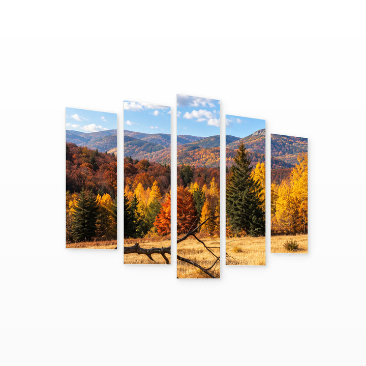 Autumn in the Mountains in Serene Light II — five-panel wall art on white background in perspective | 5wallart 57733 M1