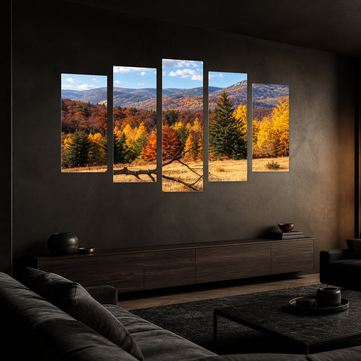 Autumn in the Mountains in Serene Light II — five-panel wall art in perspective interior | 5wallart 57733 M2