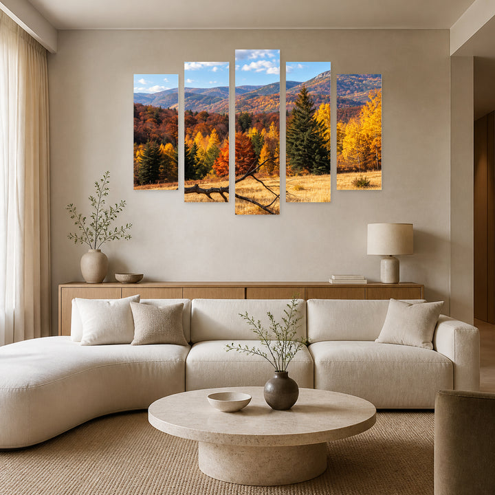 Autumn in the Mountains in Serene Light II — five-panel wall art in frontal interior | 5wallart 57733 M3