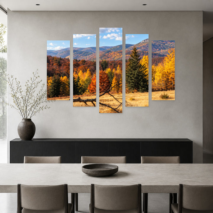 Autumn in the Mountains in Serene Light II — five-panel wall art in alternate frontal interior | 5wallart 57733 M4