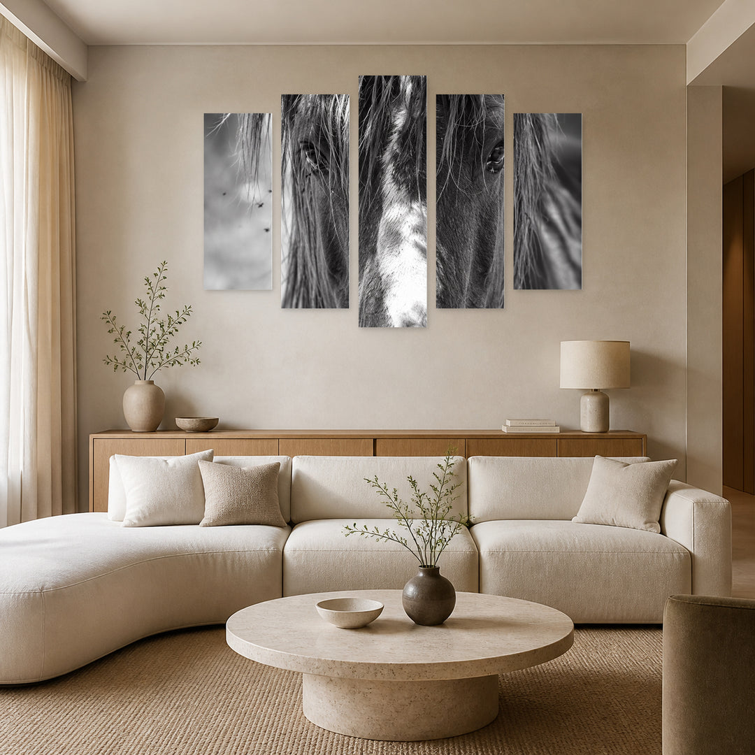 Horse Portrait in Serene Light — five-panel wall art in alternate frontal interior | 5wallart 57736 M4