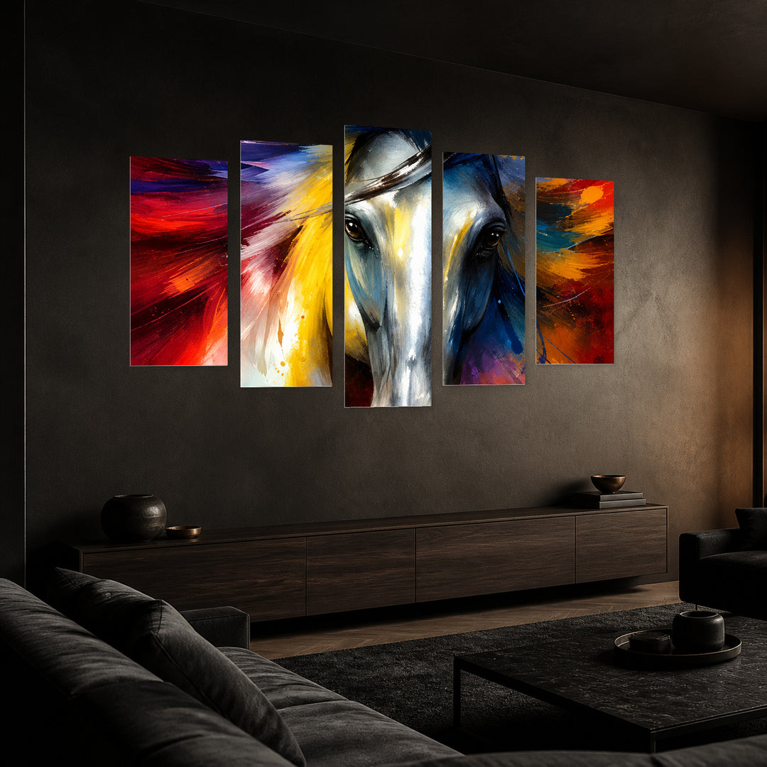 Picturesque Horse with Dramatic Contrast — five-panel wall art in perspective interior | 5wallart 57737 M2