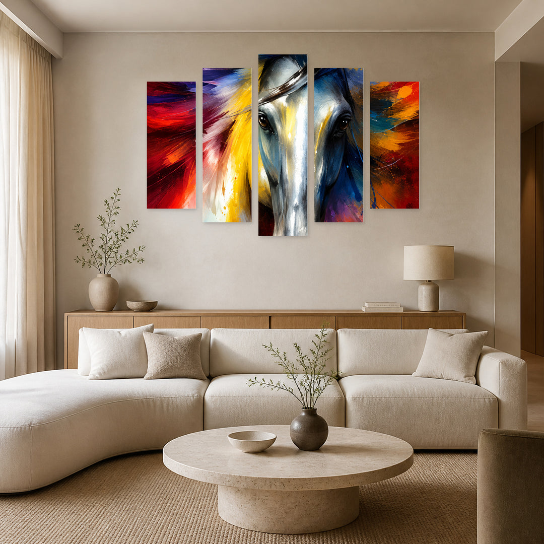 Picturesque Horse with Dramatic Contrast — five-panel wall art in frontal interior | 5wallart 57737 M3