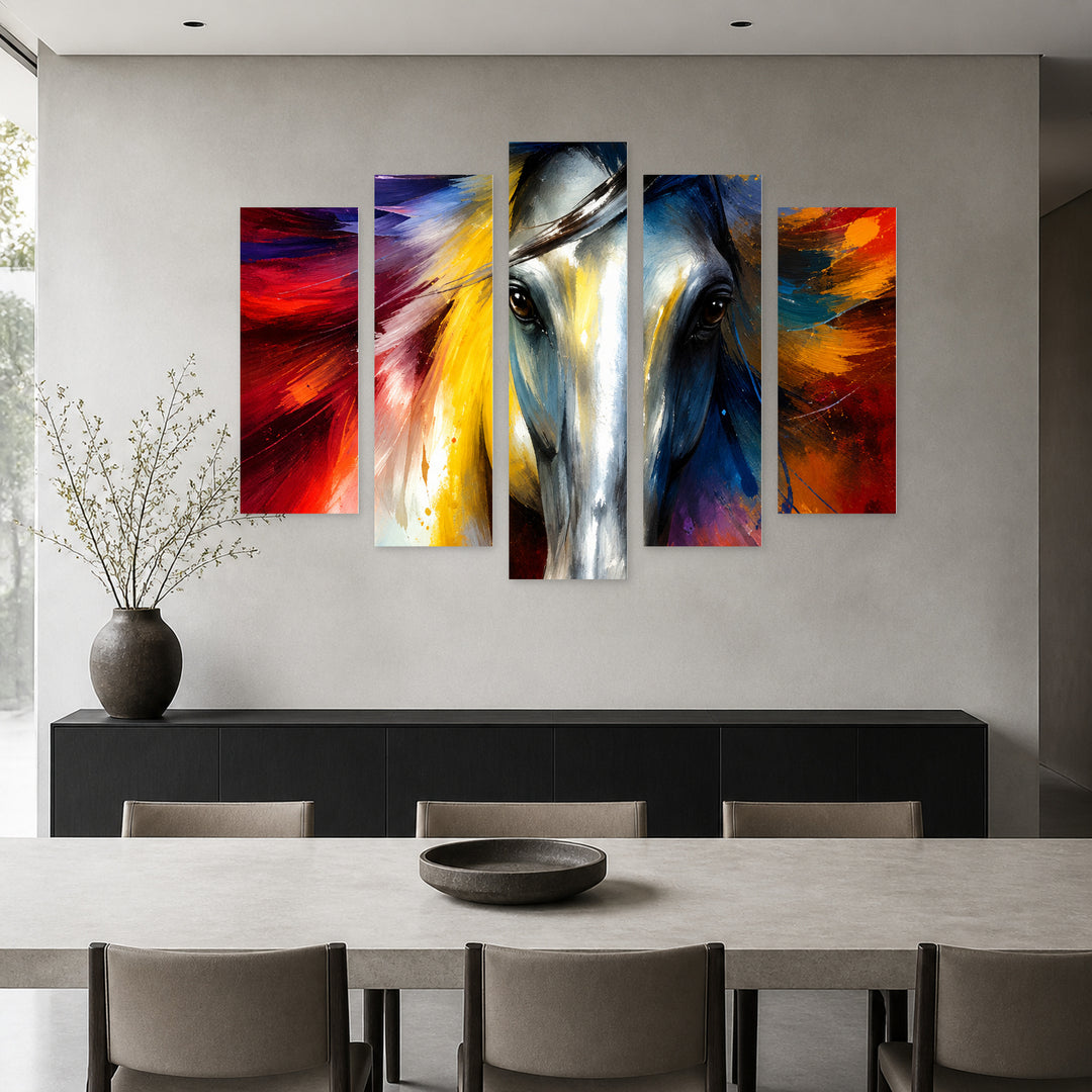 Picturesque Horse with Dramatic Contrast — five-panel wall art in alternate frontal interior | 5wallart 57737 M4