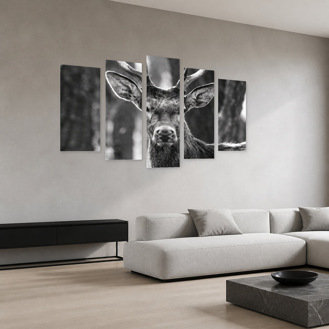 Young Deer in Serene Light II — five-panel wall art in perspective interior | 5wallart 57738 M2
